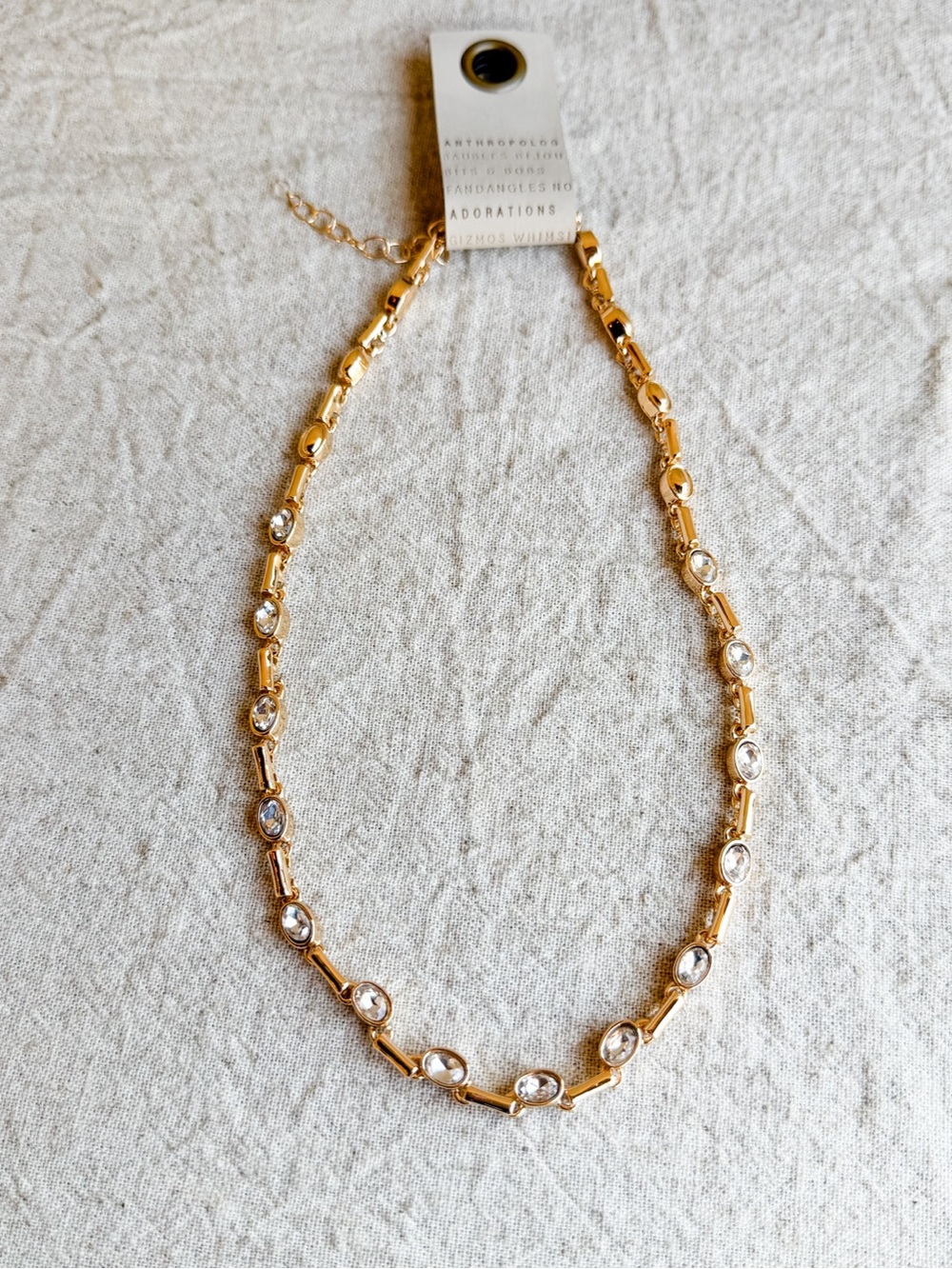 Anthropologie Gold Glass Crystal Oval Necklace 16-19" NWT